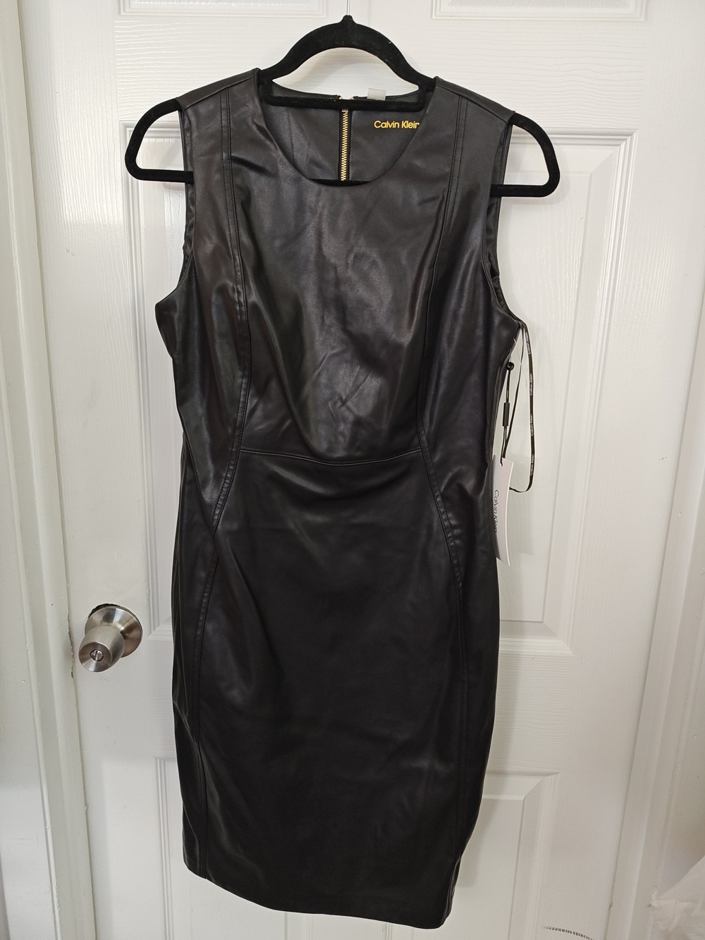 Calvin Klein Black Leather Sheath Dress with Zip Detail